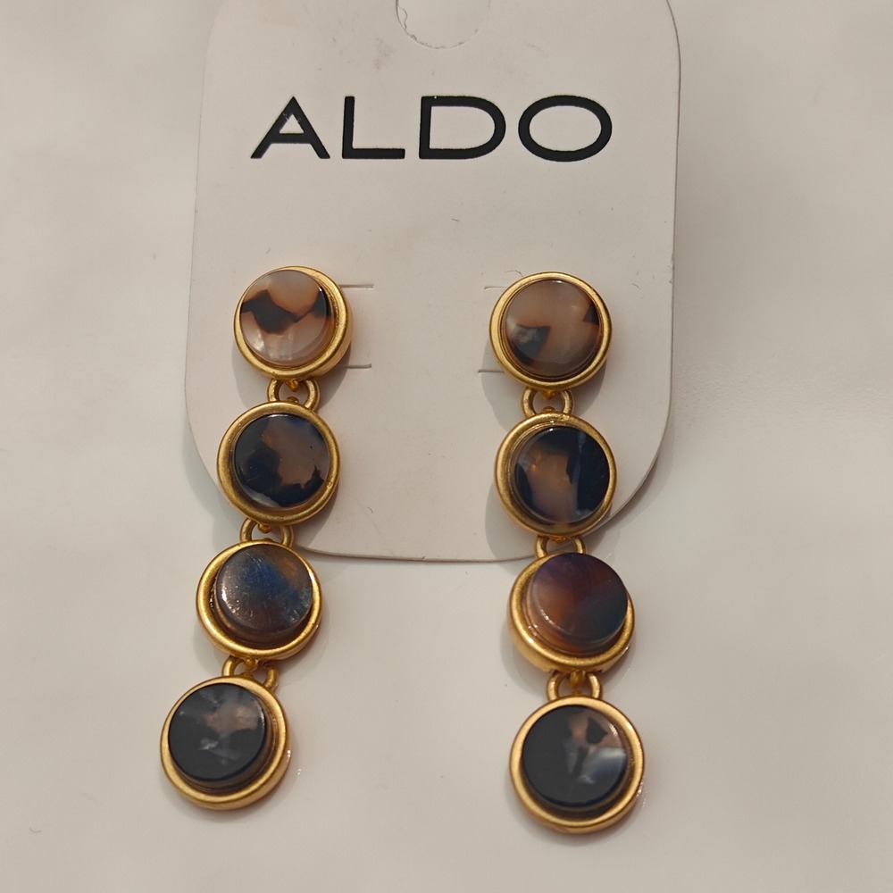 Aldo Gold Tone Earrings Brown Marbled Cabochon Tiered Drop Circle Dangle New - Picture 2 of 4